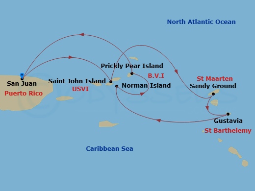 SeaDream II - 6 Night - Cruise Roundtrip from San Juan - SeaDream II - Starting in San Juan, St John VI (Cruz Bay), US Virgin Islands, Sandy Ground, Gustavia, Norman Island.. itinerary map