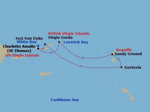 7 Night - Cruise Roundtrip from St Thomas (Charlotte Amalie) - SeaDream I - Starting in Charlotte Amalie, St Thomas, Spanish Town, Virgin Gorda, Leverick Bay, Virgin Gorda, Sandy Ground, Gustavia, White Bay, Jost van Dyke, Charlotte Amalie, St Thomas itinerary map