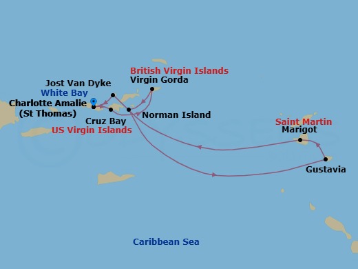 8 Night - Cruise Roundtrip from St Thomas (Charlotte Amalie) - SeaDream I - Starting in Charlotte Amalie, St Thomas, St John VI (Cruz Bay), US Virgin Islands, Spanish Town, Virgin Gorda, Leverick Bay, Virgin Gorda, Norman Island, Gustavia, Marigot, White Bay, Jost van Dyke, Charlotte Amalie, St Thomas itinerary map