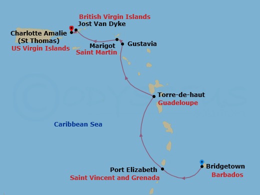 7 Night - Cruise from Bridgetown to St Thomas (Charlotte Amalie) - SeaDream I - Starting in Bridgetown, Barbados, Port Elizabeth VC, Bequia, Soufriere Bay, Terre De Haut, Iles des Saintes, Gustavia, Marigot, White Bay, Jost van Dyke, Charlotte Amalie, St Thomas itinerary map
