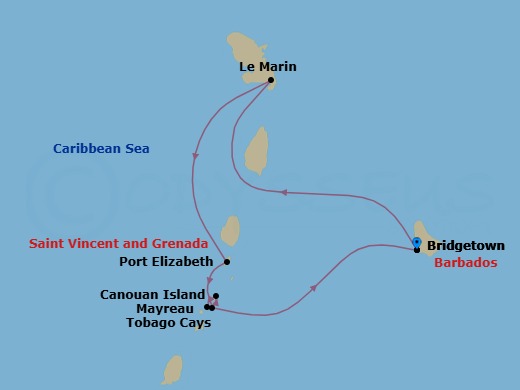 7 Night - Cruise Roundtrip from Bridgetown - SeaDream I - Starting in Bridgetown, Barbados, Le Marin, Rodney Bay, Soufriere Bay, Port Elizabeth VC, Bequia, Tobago Cays, Canouan, Mayreau, Bridgetown, Barbados itinerary map