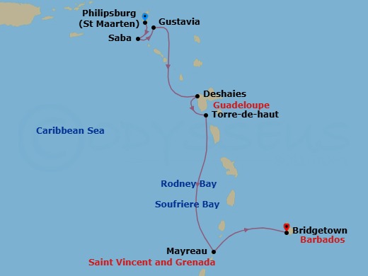 7 Night - Cruise from St Maarten (Philipsburg) to Bridgetown - SeaDream I - Starting in Philipsburg, Saba, Gustavia, Deshaies, Terre De Haut, Iles des Saintes, Rodney Bay, Soufriere Bay, Mayreau, Bridgetown, Barbados itinerary map
