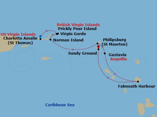 7 Night - Cruise from St Thomas (Charlotte Amalie) to St Maarten (Philipsburg) - SeaDream I - Starting in Charlotte Amalie, St Thomas, Spanish Town, Virgin Gorda, Leverick Bay, Virgin Gorda, Prickly Pear, Norman Island, Sandy Ground, Gustavia, Falmouth Bay, Philipsburg itinerary map