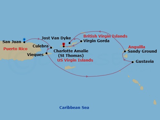 7 Night - Cruise from San Juan to St Thomas (Charlotte Amalie) - SeaDream I - Starting in San Juan, Culebra, Esperanza, Vieques Island, Gustavia, Sandy Ground, White Bay, Jost van Dyke, Spanish Town, Virgin Gorda, Trellis Bay, Beef Island, Charlotte Amalie, St Thomas itinerary map