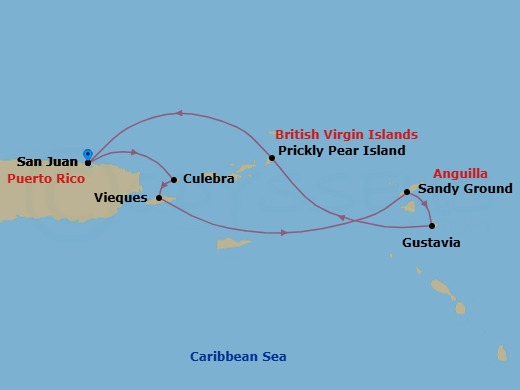 7 Night - Cruise Roundtrip from San Juan - SeaDream II - Starting in San Juan, Culebra, Esperanza, Vieques Island, Sandy Ground, Gustavia, Prickly Pear, San Juan itinerary map