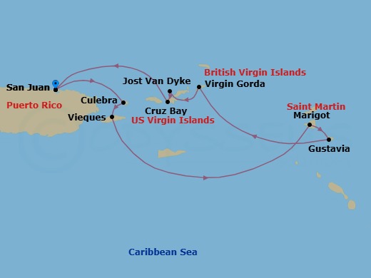 8 Night - Cruise Roundtrip from San Juan - SeaDream II - Starting in San Juan, Culebra, Esperanza, Vieques Island, Marigot, Gustavia, Spanish Town, Virgin Gorda, Leverick Bay, Virgin Gorda, White Bay, Jost van Dyke, St John VI (Cruz Bay), US Virgin Islands, San Juan itinerary map