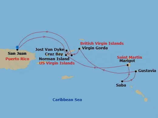 8 Night - Cruise Roundtrip from San Juan - SeaDream II - Starting in San Juan, St John VI (Cruz Bay), US Virgin Islands, Marigot, Saba, Gustavia, Spanish Town, Virgin Gorda, Leverick Bay, Virgin Gorda, White Bay, Jost van Dyke, Norman Island, San Juan itinerary map