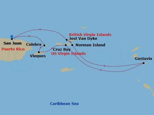7 Night - Cruise Roundtrip from San Juan - SeaDream II - Starting in San Juan, Culebra, Esperanza, Vieques Island, St John VI (Cruz Bay), US Virgin Islands, Gustavia, Norman Island, White Bay, Jost van Dyke, San Juan itinerary map