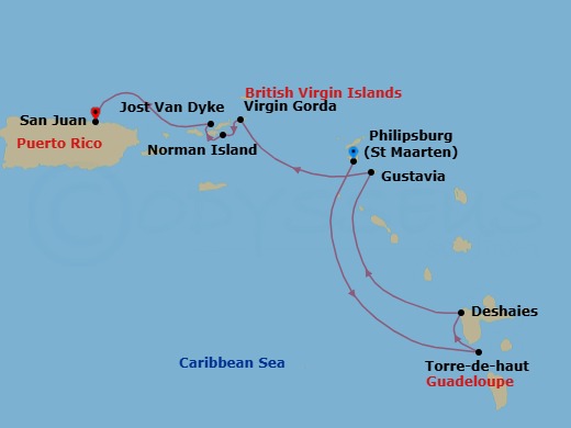 7 Night - Cruise from St Maarten (Philipsburg) to San Juan - SeaDream II - Starting in Philipsburg, Terre De Haut, Iles des Saintes, Deshaies, Gustavia, Spanish Town, Virgin Gorda, Norman Island, White Bay, Jost van Dyke, San Juan itinerary map