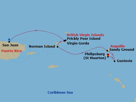 7 Night - Cruise from San Juan to St Maarten (Philipsburg) - SeaDream II - Starting in San Juan, Spanish Town, Virgin Gorda, Leverick Bay, Virgin Gorda, Prickly Pear, Norman Island, Sandy Ground, Gustavia, South Friars Bay, Philipsburg itinerary map