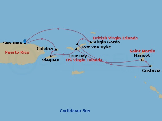7 Night - Cruise Roundtrip from San Juan - SeaDream II - Starting in San Juan, Culebra, Esperanza, Vieques Island, St John VI (Cruz Bay), US Virgin Islands, Marigot, Gustavia, White Bay, Jost van Dyke, Spanish Town, Virgin Gorda, Leverick Bay, Virgin Gorda, San Juan itinerary map