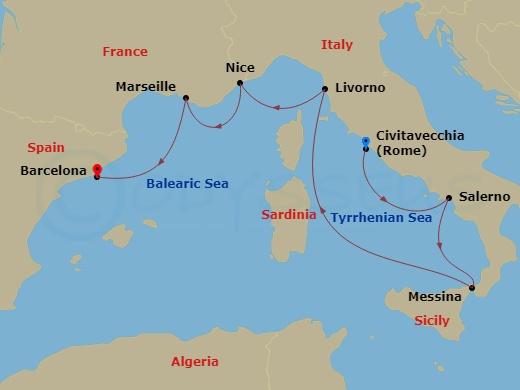 NCL Norwegian Epic - 7 Night - Europe - NCL Norwegian Epic - Starting in Civitavecchia Rome, Italy, Amalfi Coast (Salerno), Italy, Messina, Italy, Livorno / Florence / Pisa, Italy.. itinerary map