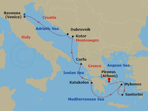 NCL Norwegian Pearl - 7 Night - Europe - Greek Isles - Venice - NCL Norwegian Pearl - Starting in Venice (Ravenna), Italy, Dubrovnik, Croatia, Kotor, Montenegro, Corfu, Greece, Oly.. itinerary map