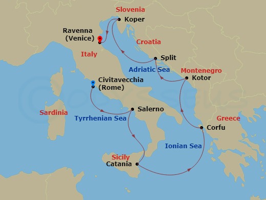 NCL Norwegian Gem - 7 Night - Eastern Mediterranean - NCL Norwegian Gem - Starting in Civitavecchia Rome, Italy, Amalfi Coast (Salerno), Italy, Catania, Italy, Corfu, Greece, Kot.. itinerary map