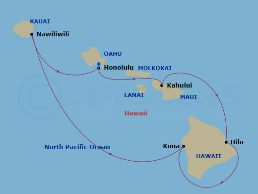 NCL Pride of America - 7 Night - Hawaii Hnl Inter Island - NCL Pride of America - Starting in Honolulu, Hi, Kahului, Maui, Hi, Hilo, Hi, Kona, Hi, Nawiliwili, Kauai, Hawaii, Honolul.. itinerary map