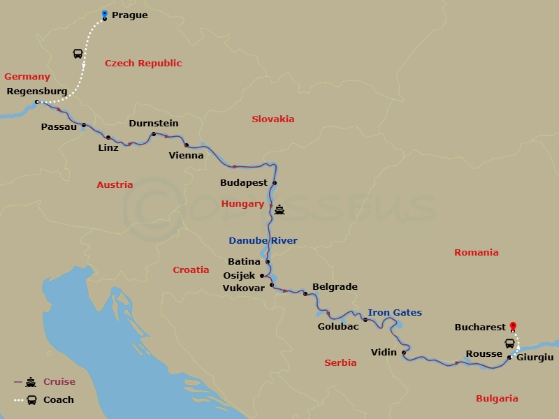 S.S. Beatrice Cruise Tours - 18 Night - Portraits of Eastern Europe - S.S. Beatrice Cruise Tours - Starting in Prague, Prague, Transfer to Regensburg, Regensburg, Passau, Linz, Durnstein,.. itinerary map