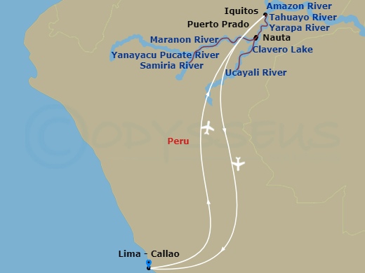 Aria Amazon Cruise Tours - 10 Night - Peruvian Rivers & Rainforest Discovery - Aria Amazon Cruise Tours - Starting in Lima, Lima, Fly to Iquitos (Nauta), Embark, Ucayali River, Clavero.. itinerary map