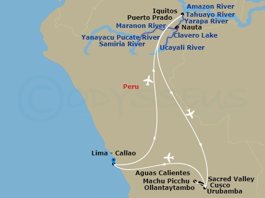 Aria Amazon Cruise Tours - 15 Night - Peruvian Amazon & Machu Picchu Exploration - Aria Amazon Cruise Tours - Starting in Lima, Lima, Fly to Iquitos (Nauta), Embark, Ucayali River, Clav.. itinerary map