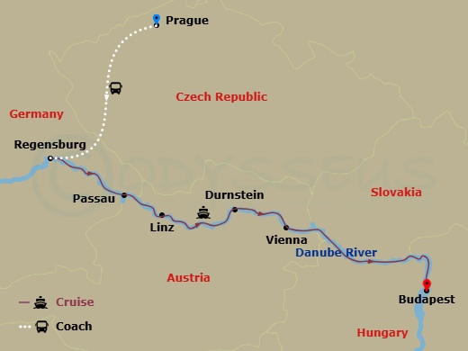 S.S. Beatrice Cruise Tours - 9 Night - Delightful Danube & Prague - S.S. Beatrice Cruise Tours - Starting in Prague, Prague, Transfer to Regensburg, Regensburg, Passau, Linz, Durnstein, V.. itinerary map
