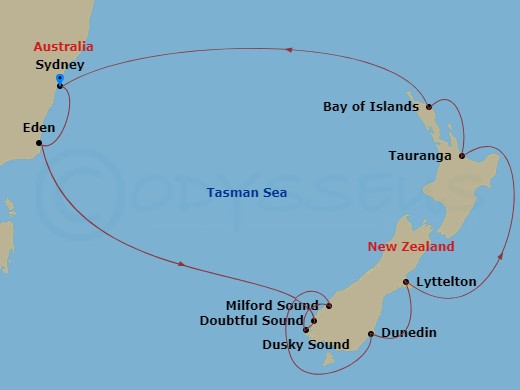 NCL Norwegian Spirit Cruise Tours - 17 Night - Sydney City Highlights Pre Cruisetour - NCL Norwegian Spirit Cruise Tours - Starting in At Hotel, Sydney AU, Eden, Australia, Melbourne, Australia,.. itinerary map