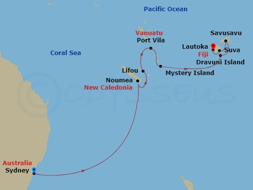 NCL Norwegian Spirit Cruise Tours - 14 Night - Sydney City Highlights Pre Cruisetour - NCL Norwegian Spirit Cruise Tours - Starting in At Hotel, Sydney AU, Noumea, New Caledonia, Lifou, New Cale.. itinerary map