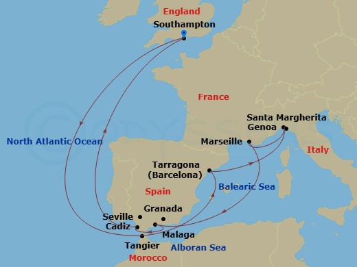 Queen Victoria - 14 Night - Spain, Italy and Morocco - Queen Victoria - Starting in Southampton, England, UK, Tangier, Morocco, Tarragona, Spain, Santa Margherita Ligure, Geno.. itinerary map