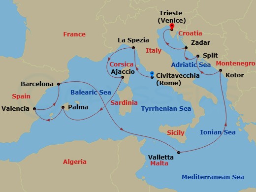 Queen Elizabeth - 14 Night - Mediterranean and Adriatic - Queen Elizabeth - Starting in Civitavecchia (tours to Rome), Italy, La Spezia (tours to Florence or Pisa), Italy, Ajac.. itinerary map