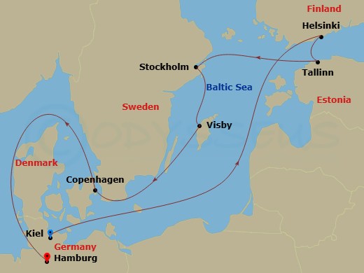 Queen Victoria - 9 Night - Scandinavia and Northern Europe - Queen Victoria - Starting in Kiel, Germany, Helsinki, Finland, Tallinn, Estonia, Stockholm, Sweden, Visby, Sweden,.. itinerary map