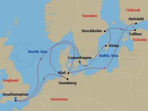 Queen Victoria - 14 Night - Scandinavia and Northern Europe - Queen Victoria - Starting in Southampton, England, UK, Kiel, Germany, Helsinki, Finland, Tallinn, Estonia, Stockh.. itinerary map