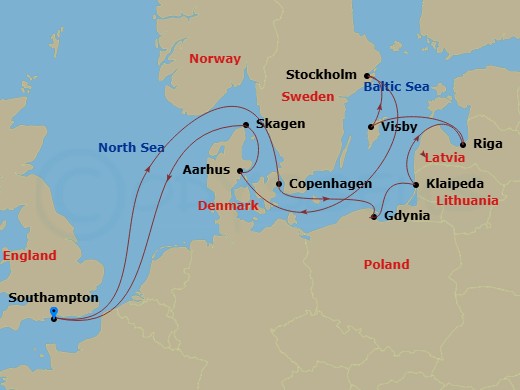 Queen Victoria - 16 Night - Scandinavia and Northern Europe - Queen Victoria - Starting in Southampton, England, UK, Skagen, Denmark, Aarhus, Denmark, Stockholm, Sweden, Visby.. itinerary map