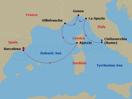 Queen Elizabeth - 7 Night - Italy and France - Queen Elizabeth - Starting in Civitavecchia (tours to Rome), Italy, La Spezia (tours to Florence or Pisa), Italy, Genoa, Italy, V.. itinerary map