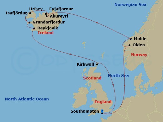 Queen Victoria - 16 Night - Iceland and Norway - Queen Victoria - Starting in Southampton, England, UK, Olden, Norway, Molde, Norway, Akureyri, Iceland, Eyjafjordur, Iceland (.. itinerary map
