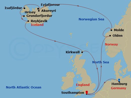 Queen Victoria - 18 Night - Iceland and Norway - Queen Victoria - Starting in Hamburg, Germany, Southampton, England, UK, Olden, Norway, Molde, Norway, Akureyri, Iceland, Eyja.. itinerary map