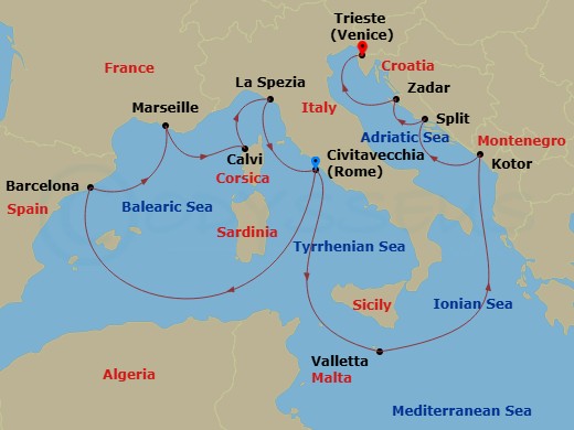 Queen Elizabeth - 14 Night - Mediterranean and Adriatic - Queen Elizabeth - Starting in Civitavecchia (tours to Rome), Italy, Barcelona, Spain, Marseille, France, Calvi, Corsic.. itinerary map