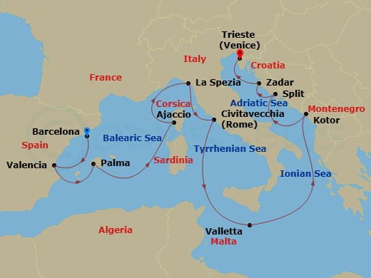 Queen Elizabeth - 14 Night - Mediterranean and Adriatic - Queen Elizabeth - Starting in Barcelona, Spain, Valencia, Spain, Palma De Mallorca, Spain, Ajaccio, Corsica, France, L.. itinerary map