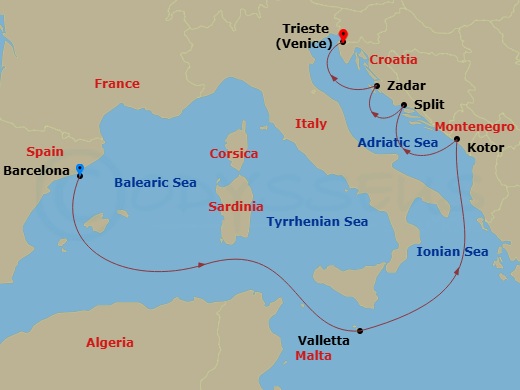 Queen Elizabeth - 7 Night - Malta, Croatia and Montenegro - Queen Elizabeth - Starting in Barcelona, Spain, Valletta, Malta, Kotor, Montenegro, Split, Croatia, Zadar, Croatia,.. itinerary map