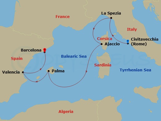 Queen Elizabeth - 7 Night - Italy, France and Spain - Queen Elizabeth - Starting in Civitavecchia (tours to Rome), Italy, La Spezia (tours to Florence or Pisa), Italy, Ajaccio,.. itinerary map