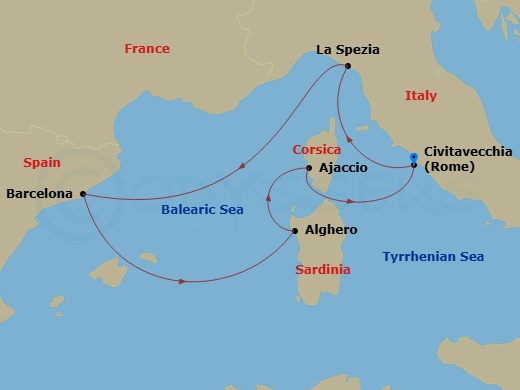 Queen Elizabeth - 7 Night - Italy, France and Spain - Queen Elizabeth - Starting in Civitavecchia (tours to Rome), Italy, La Spezia (tours to Florence or Pisa), Italy, Barcelon.. itinerary map
