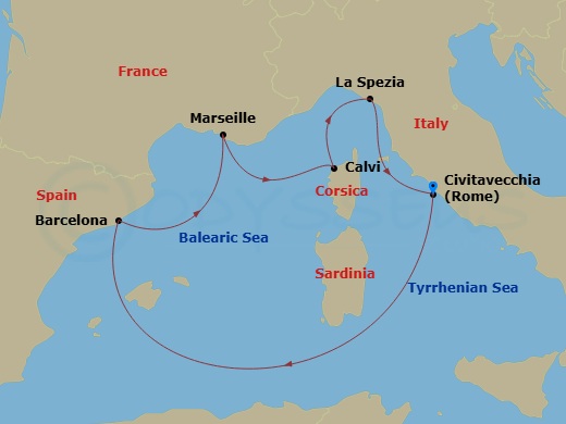 Queen Elizabeth - 7 Night - Italy, France and Spain - Queen Elizabeth - Starting in Civitavecchia (tours to Rome), Italy, Barcelona, Spain, Marseille, France, Calvi, Corsica, F.. itinerary map