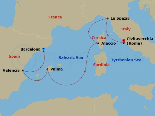 Queen Elizabeth - 7 Night - Italy, France and Spain - Queen Elizabeth - Starting in Barcelona, Spain, Valencia, Spain, Palma De Mallorca, Spain, Ajaccio, Corsica, France, La Sp.. itinerary map
