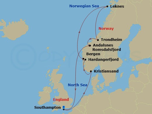 Queen Victoria - 12 Night - Norwegian Fjords - Queen Victoria - Starting in Southampton, England, UK, Kristiansand, Norway, Hardangerfjord, Norway (Scenic Cruising), Bergen, N.. itinerary map