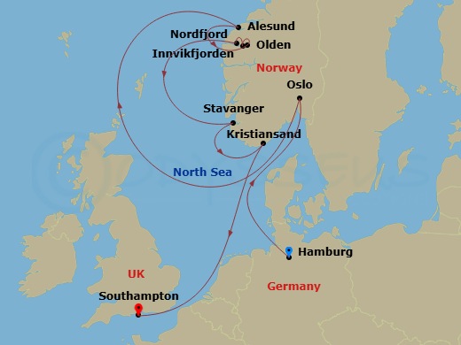 Queen Victoria - 10 Night - Norwegian Fjords - Queen Victoria - Starting in Hamburg, Germany, Oslo, Norway, Alesund, Norway, Olden, Norway, Innvikfjorden, Norway (Scenic Cruis.. itinerary map