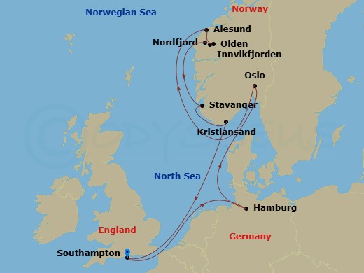 Queen Victoria - 12 Night - Norwegian Fjords - Queen Victoria - Starting in Southampton, England, UK, Hamburg, Germany, Oslo, Norway, Alesund, Norway, Olden, Norway, Innvikfjo.. itinerary map