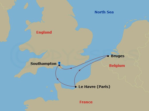 Queen Anne - 5 Night - Le Havre and Zeebrugge - Queen Anne - Starting in Southampton, England, UK, Le Havre, France, Zeebrugge (tours to Bruges), Belgium, Southampton, Eng.. itinerary map