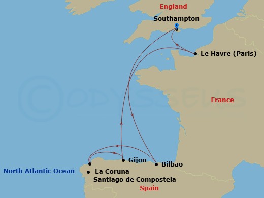 Queen Anne - 7 Night - Spain and France - Queen Anne - Starting in Southampton, England, UK, Getxo (Tours to Bilbao), Spain, La Coruna (tours to Santiago de Compostela), S.. itinerary map