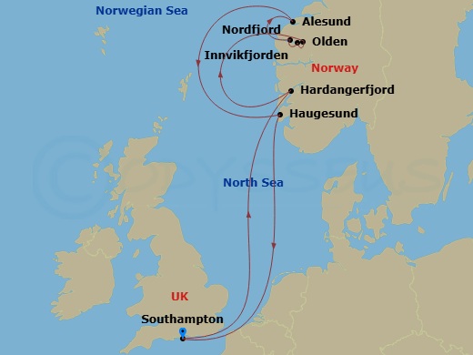Queen Anne - 7 Night - Norwegian Fjords - Queen Anne - Starting in Southampton, England, UK, Hardangerfjord, Norway (Scenic Cruising), Olden, Norway, Innvikfjorden, Norway.. itinerary map
