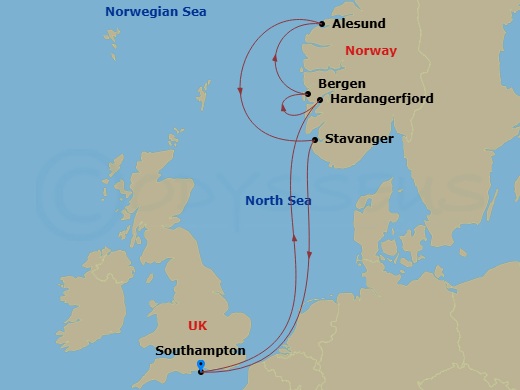 Queen Anne - 7 Night - Norwegian Fjords - Queen Anne - Starting in Southampton, England, UK, Hardangerfjord, Norway (Scenic Cruising), Bergen, Norway, Alesund, Norway, Sta.. itinerary map