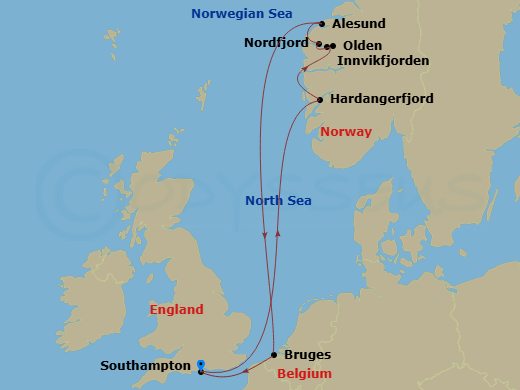 Queen Anne - 7 Night - Norwegian Fjords - Queen Anne - Starting in Southampton, England, UK, Hardangerfjord, Norway (Scenic Cruising), Olden, Norway, Innvikfjorden, Norway.. itinerary map