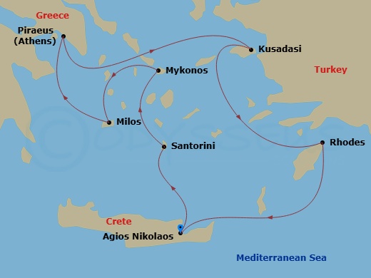 Celestyal Journey - 7 Night - Idyllic Greece - Celestyal Journey - Starting in Agios Nikolaos, Crete, Santorini, Mykonos, Milos, Piraeus, Athens, Kusadasi, Rhodes, Agios Nikolaos.. itinerary map