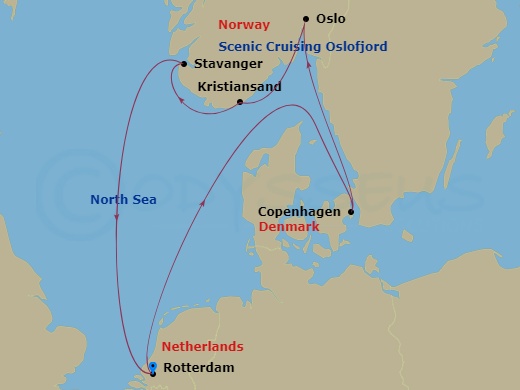 HAL Rotterdam - 7 Night - Norwegian Fjords & Copenhagen - HAL Rotterdam - Starting in Rotterdam, the Netherlands, Copenhagen, Denmark, Scenic cruising Oslofjord, Oslo, Norway.. itinerary map